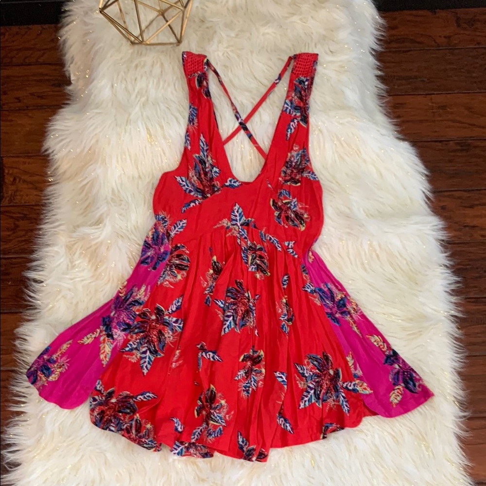 Free People Red & Magenta Floral Crisscross Back Dress Women’s XS
